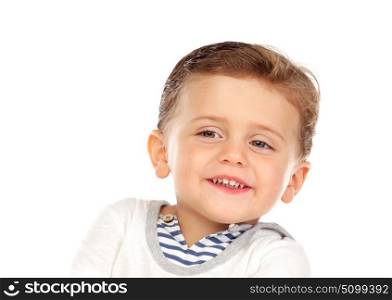 Beautiful little child two years old with blond hair isolated on a white background