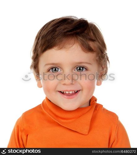 Beautiful little child two years old with orange jersey. Beautiful little child two years old with orange jersey isolated on a white background