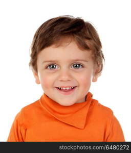 Beautiful little child two years old with orange jersey. Beautiful little child two years old with orange jersey isolated on a white background