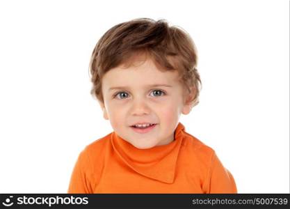 Beautiful little child two years old with orange jersey isolated on a white background
