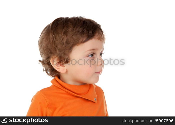 Beautiful little child two years old with orange jersey isolated on a white background