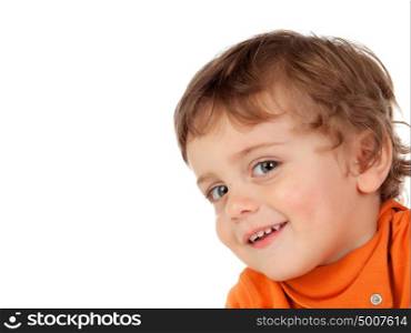 Beautiful little child two years old with orange jersey isolated on a white background