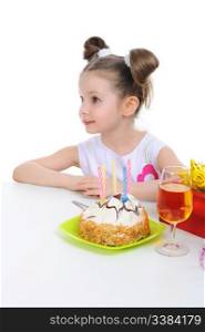 Beautiful little girl celebrates birthday. Isolated on white background
