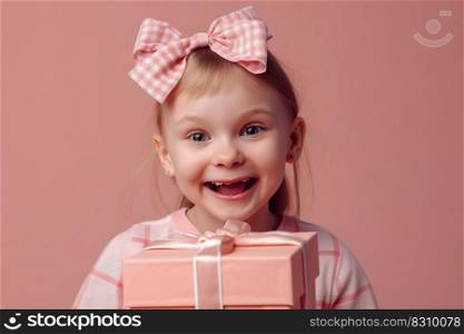 Beautiful little girl holding a gift box , Portrait child girl holding birthday gift box , Generate Ai