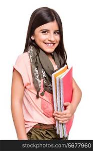 Beautiful little girl holding sketchbooks over white