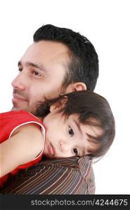 beautiful little girl hugging embracing her father. Focus in the little girl.