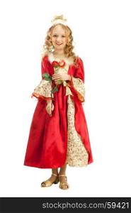 Beautiful Little Girl in a Costum of Princess Holding Red Rose: She is ready to Halloween or Holiday
