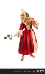 Beautiful Little Girl in a Costum of Princess Standing with Red Rose and Showing Someshing