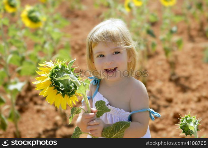 Beautiful little girl in a summer sunflower colorful field