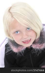 Beautiful Little Girl In Black Jacket With Feather Trim. Big bright blue eyes.