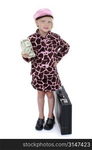 Beautiful little girl in pink and brown animal print suit and pink hat. Holding US money.