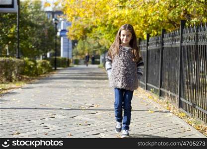Beautiful Little girl walking on autumn street