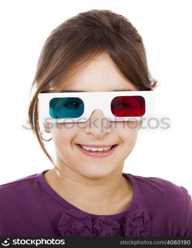 Beautiful little girl wearing 3d glasses and smiling, isolated over a white background