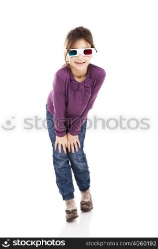 Beautiful little girl wearing 3d glasses and smiling, isolated over a white background
