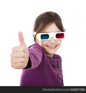 Beautiful little girl wearing 3d glasses, isolated over a white background