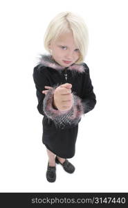 Beautiful Little Girl With Angry Face and Fist Up Wearing Black Suit With Pink Feathers.