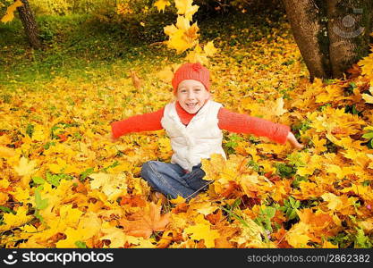 Beautiful little girl with autumn leaves outdoors