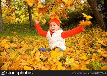 Beautiful little girl with autumn leaves outdoors