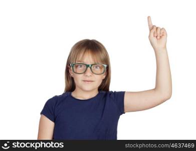 Beautiful little girl with glasses asking to speak isolated on white background