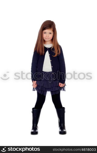 Beautiful little girl with gumboots isolated on a white background