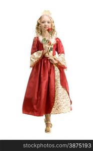 Beautiful little girl with long blonde hair in the princess costume holding a red rose at the white background. Red and gold empire dress