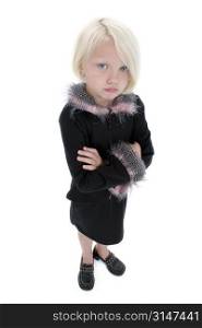 Beautiful Little Pouting Girl In Black Suit With Pink Feathers standing with arms crossed.