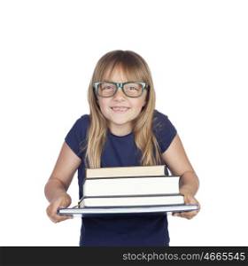 Beautiful little student with glasses and many books isolated on white background