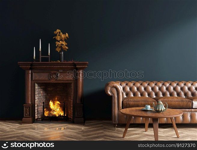 Beautiful living room with fireplace. Classic style interior design. Burning firewood, fire. Cosy, relaxed atmosphere. Sofa, table, parquet floor, fireplace. Heating with wood. 3D rendering. Beautiful living room with fireplace. Classic style interior design. Burning firewood, fire. Cosy, relaxed atmosphere. Sofa, table, parquet floor, fireplace. Heating with wood. 3D rendering.