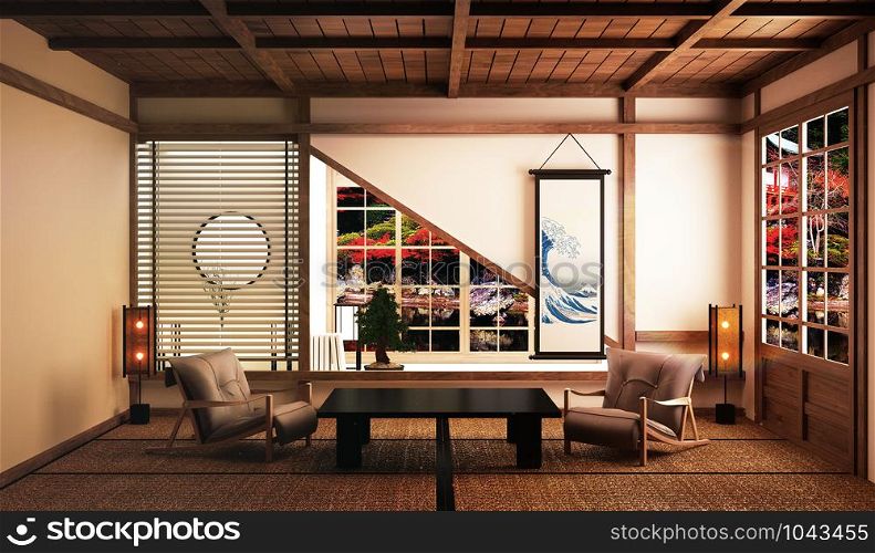 Beautiful living room with low table,arm chairs,bonsai tree and decoration japanese style and view forest japan. 3D rendering