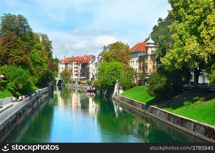 Beautiful Ljubljanica river in the sunshine day. Ljubljana, Slovenia