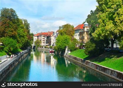 Beautiful Ljubljanica river in the sunshine day. Ljubljana, Slovenia