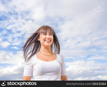 beautiful long hair brunette sky