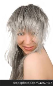 Beautiful lovely girl with tousled silver hair on white