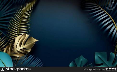 Beautiful luxury dark blue textured 3D background frame with golden and blue tropical leaves. Generative ai illustration. . Beautiful luxury dark blue textured 3D background frame with golden and blue tropical leaves. Generative ai. 