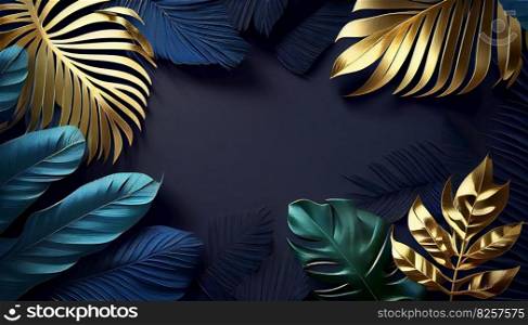 Beautiful luxury dark blue textured 3D background frame with golden and blue tropical leaves. Generative ai illustration. . Beautiful luxury dark blue textured 3D background frame with golden and blue tropical leaves. Generative ai. 
