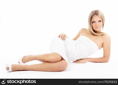 Beautiful lying girl, isolated on a white background