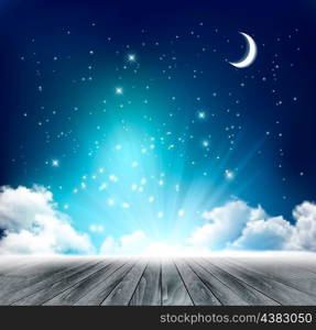 Beautiful magical night background with moon and stars. Vector.