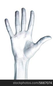 Beautiful male hand in silver paint on white background