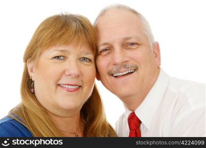 Beautiful mature couple in love. Headshot over white background.