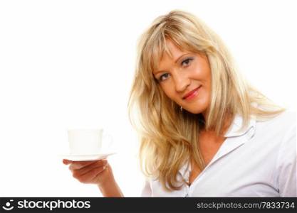 Beautiful mature woman drinking tea or coffee. Cup of Hot Beverage. white background