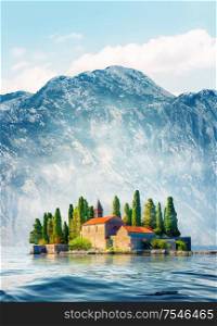 Beautiful mediterranean landscape. St. George Island near town Perast, Kotor bay, Montenegro