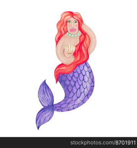 Beautiful mermaid with red hair on a white background. Hand-drawn watercolor illustration. Beautiful mermaid with red hair. watercolor illustration