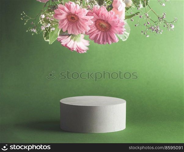 Beautiful minimal modern product display with podium and hanging pink flowers at green background. Place for beauty products or marketing c&agne for fragrance. Front view