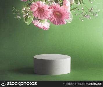 Beautiful minimal modern product display with podium and hanging pink flowers at green background. Place for beauty products or marketing c&agne for fragrance. Front view