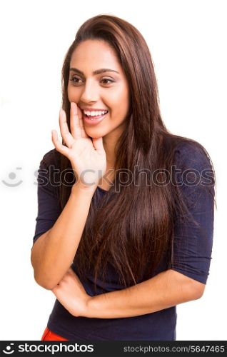 Beautiful mix race woman calling someone over white background