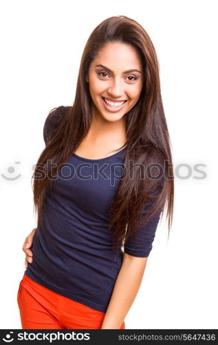 Beautiful mix race woman posing over white background