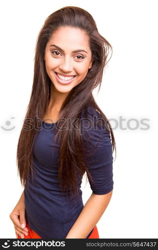 Beautiful mix race woman posing over white background