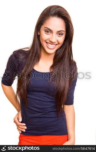 Beautiful mix race woman posing over white background
