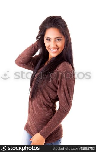 Beautiful mix race woman posing over white background