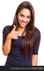 Beautiful mix race woman showing thumbs up over white background